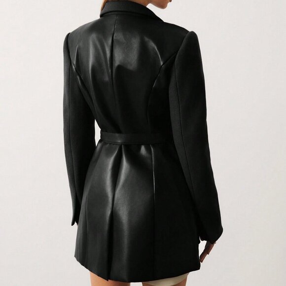 Women's Lapel Neck Long Sleeve Fabric & faux leather mix Blazer Jacket Black - Picture 2 of 7